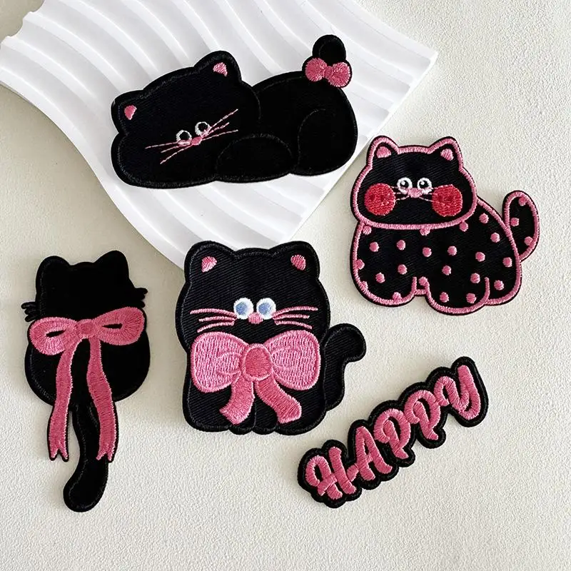 Self-adhesive cloth sticker black bow cat embroidery down jacket patch sticker shoe bag hole repair decorative sticker cartoon