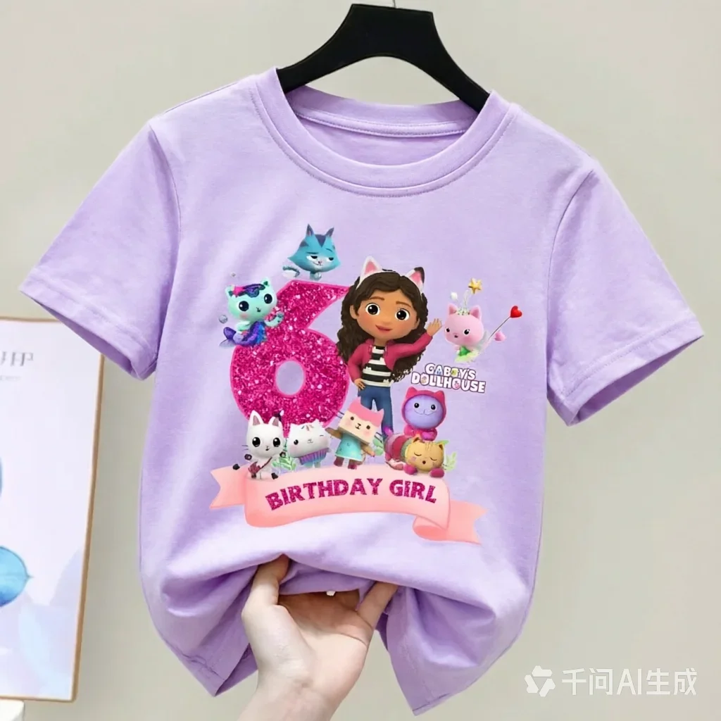 Gabbys Dollhouses Birthday Number T-shirt Girls White Pink Short Sleeve T-shirts Tops Cotton Summer Casual Party Supplies Tee