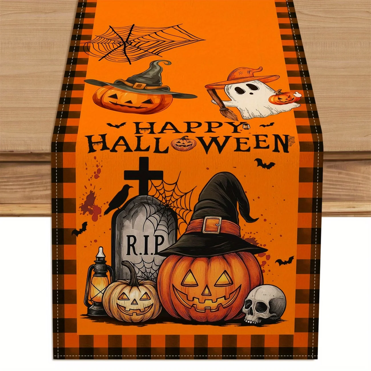 1pc Linen Polka Dot Pumpkin Ghost Table Runner Holiday Table Decoration Festive Home Decor Ornaments Home Party