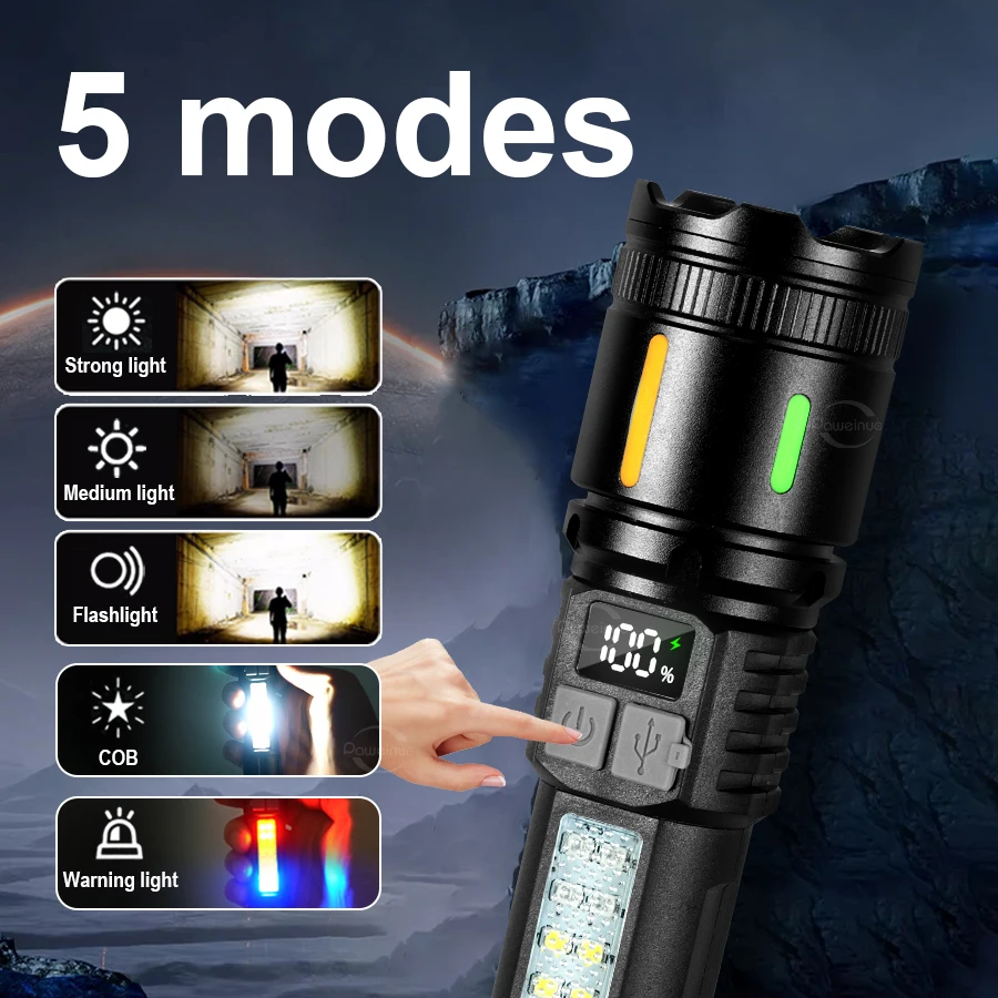 Most Powerful LED Flashlight with Side Light Type-C Rechargeable Handheld Flashlight Portable Emergency Lighting Outdoor Camping