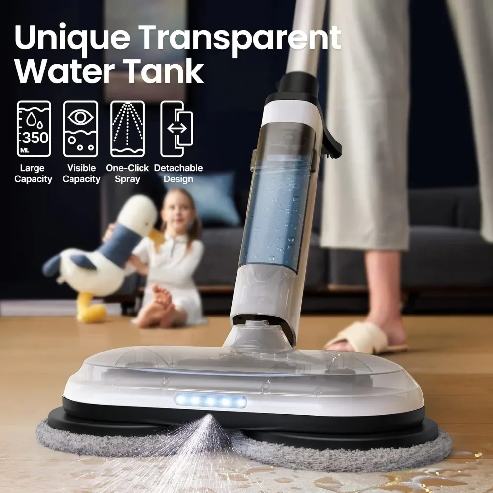 Cordless electric mop, dual motor electric rotary mop, with detachable water tank and LED headlights, laminated panel