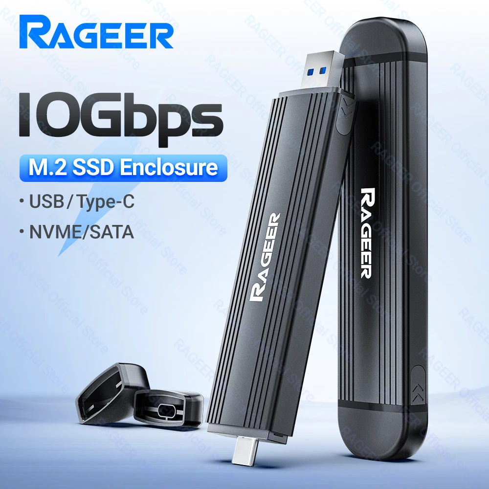 RAGEER 10Gbps M.2 SSD Enclosure - Mendukung NVMe/SATA 2230-2280 Chip RTL9210B Mendukung SSD 2TB Maks Mendukung USB-A+USB-C