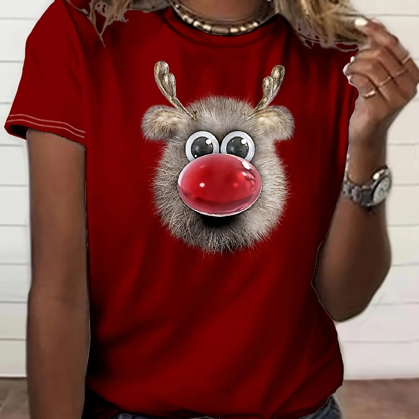 

Funny Cartoon 3D Moose Print Women's T-shirt Leisure Fashion Christmas Elements Short Sleeve Top X'mas Party New Female Clothing