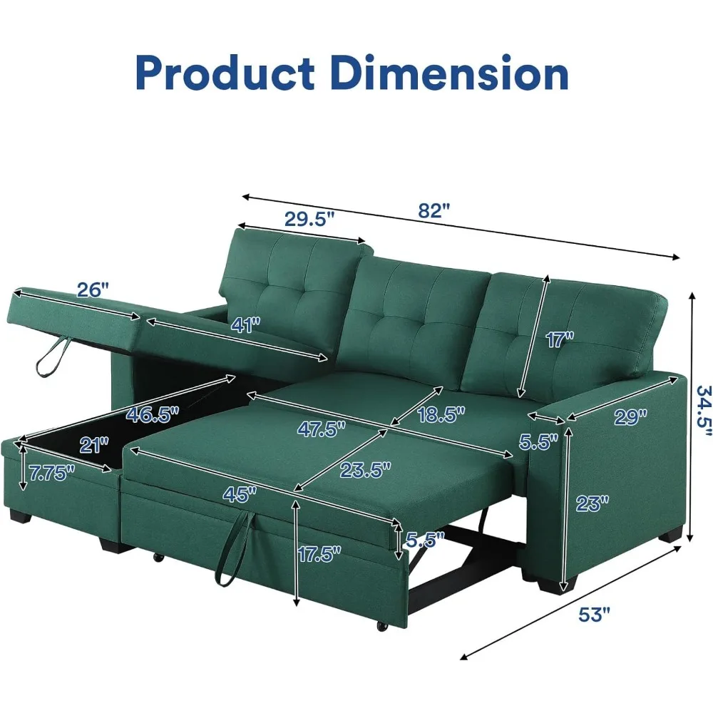 L Shaped Chaise sofá com armazenamento e puxe a cama, multifuncional, confortável secional Sleeper, sofá para sala de estar, apartamento