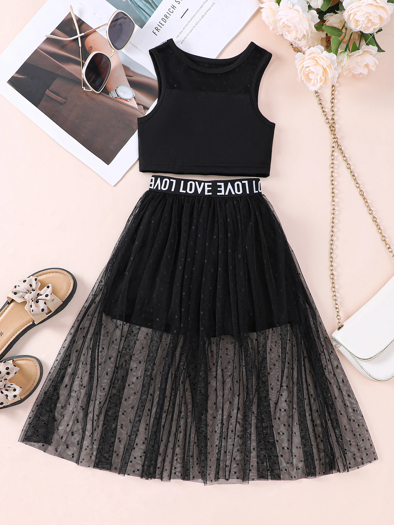 Girls' new summer casual resort style suit + vest pants sheer mesh large skirt two-piece set