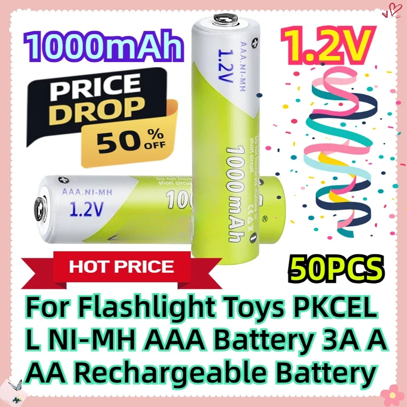 For Flashlight Toys PKCELL 1.2v NI-MH AAA Battery 3A 1000MAH AAA Rechargeable Battery 50pcs
