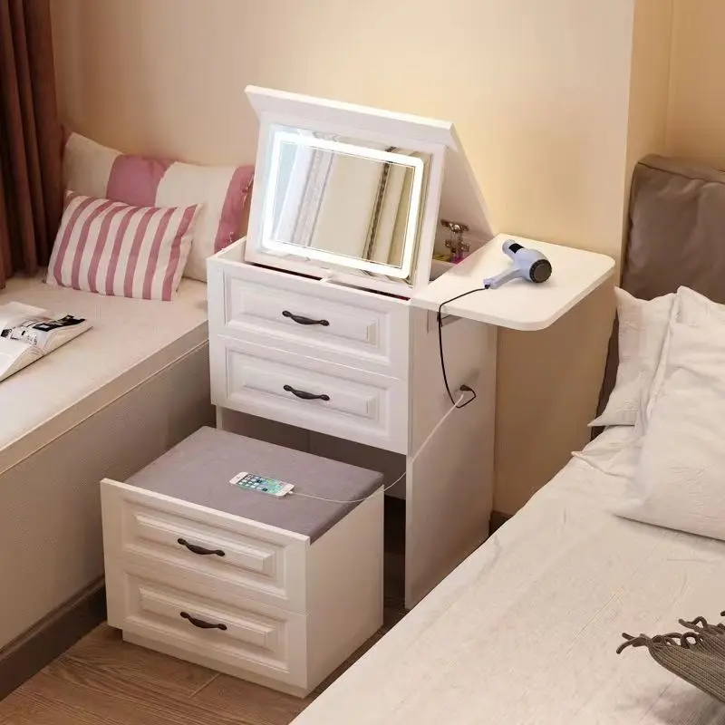 Modern Design Wooden Foldable Multifunctional Dressing Table Bedside Cabinet Ladies Cosmetic Storage with Chair