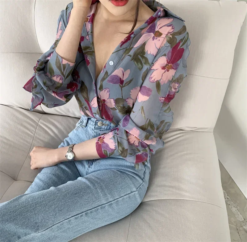 shirts & blouses Women Fashion Floral Printed Single Breasted Blouse Vintage Lapel Neck Long Sleeves Female Chic Lady Shirt