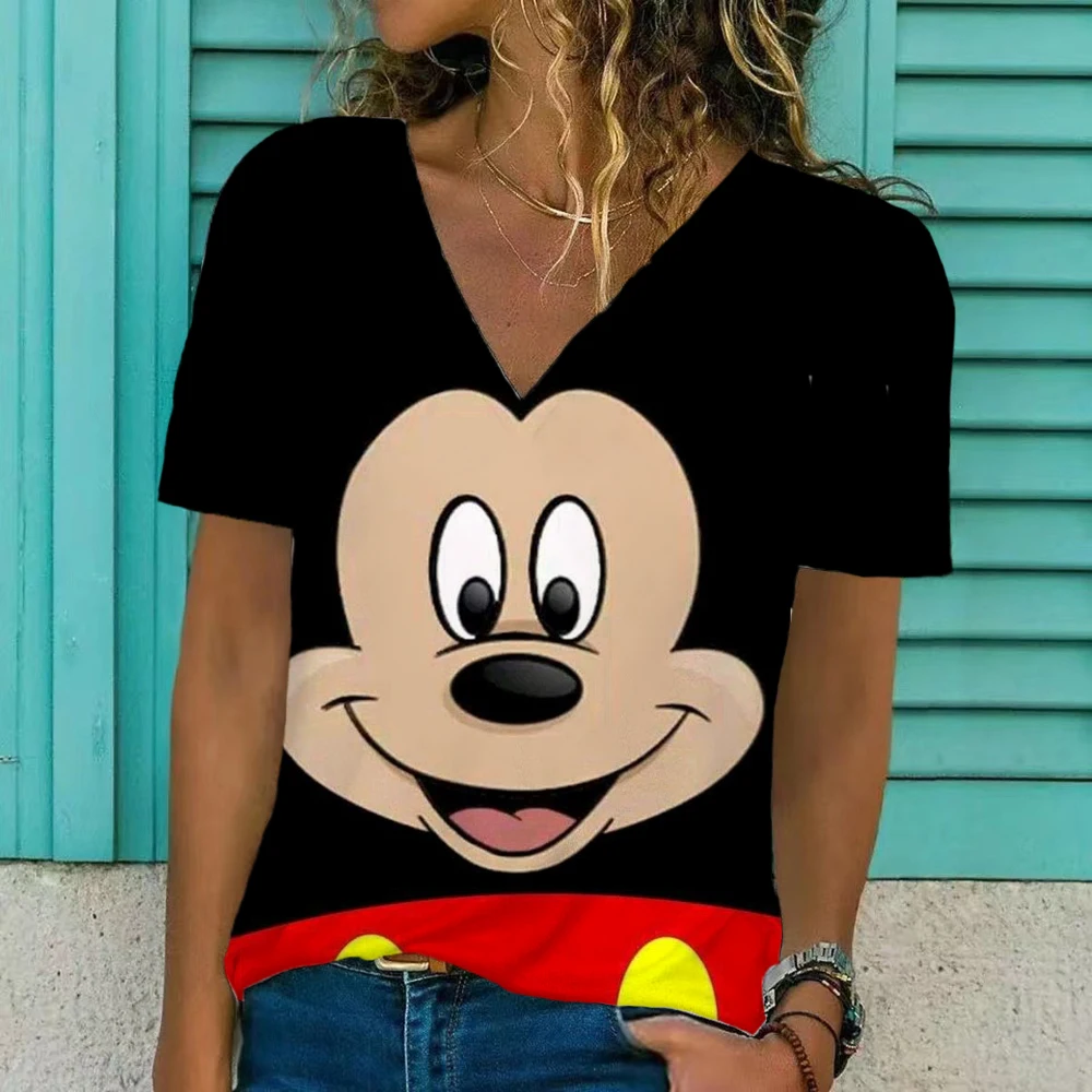 Summer T Shirt Women's Short Sleeve V Neck Disney Minnie Mouse Print Top Casual Streetwear Loose Ladies T Shirt Size Top 5XL