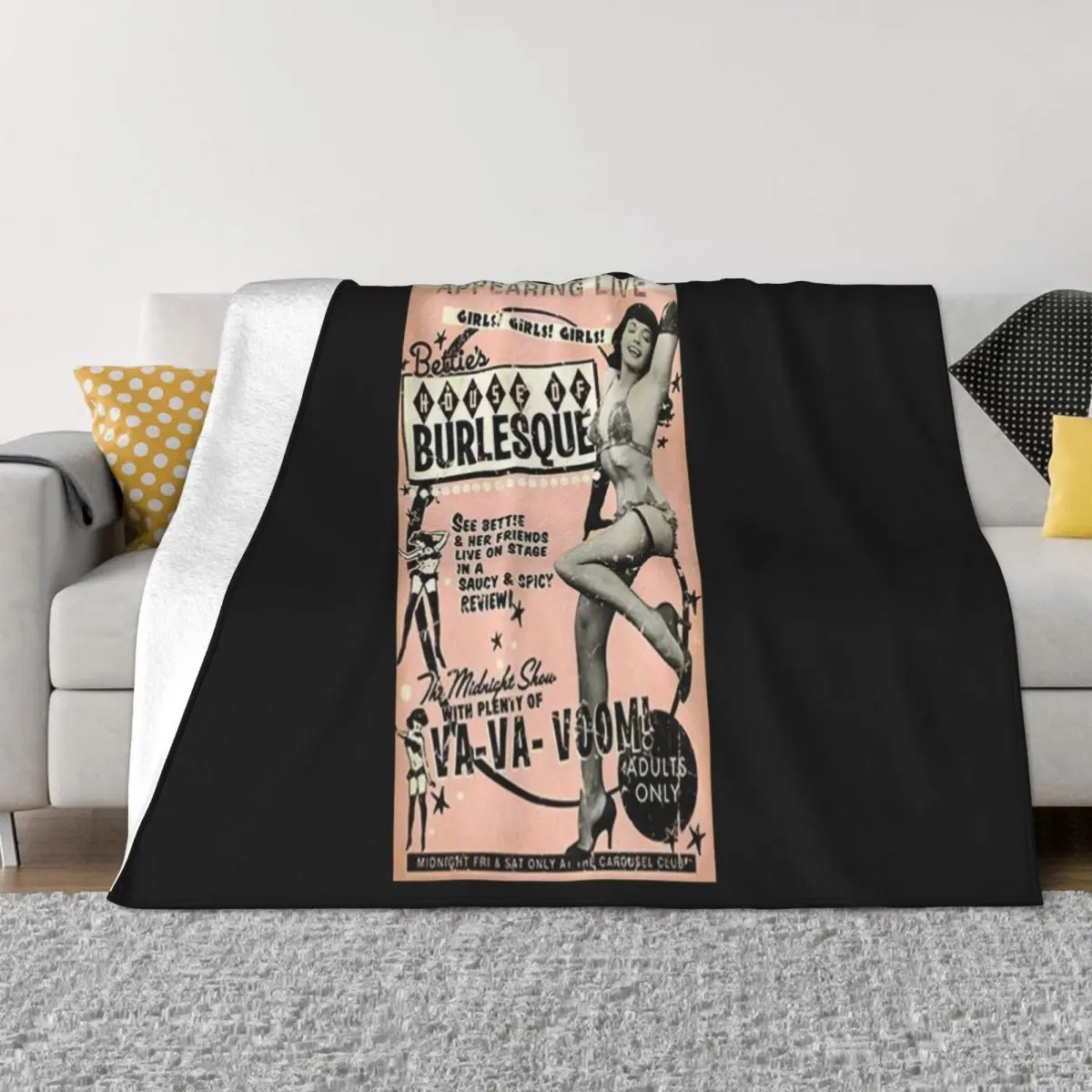 House Of Burlesque Bettie Page Pin Up Model Vintage Strip Club Poster Present Fashion Top Goth Basic Throw Blanket