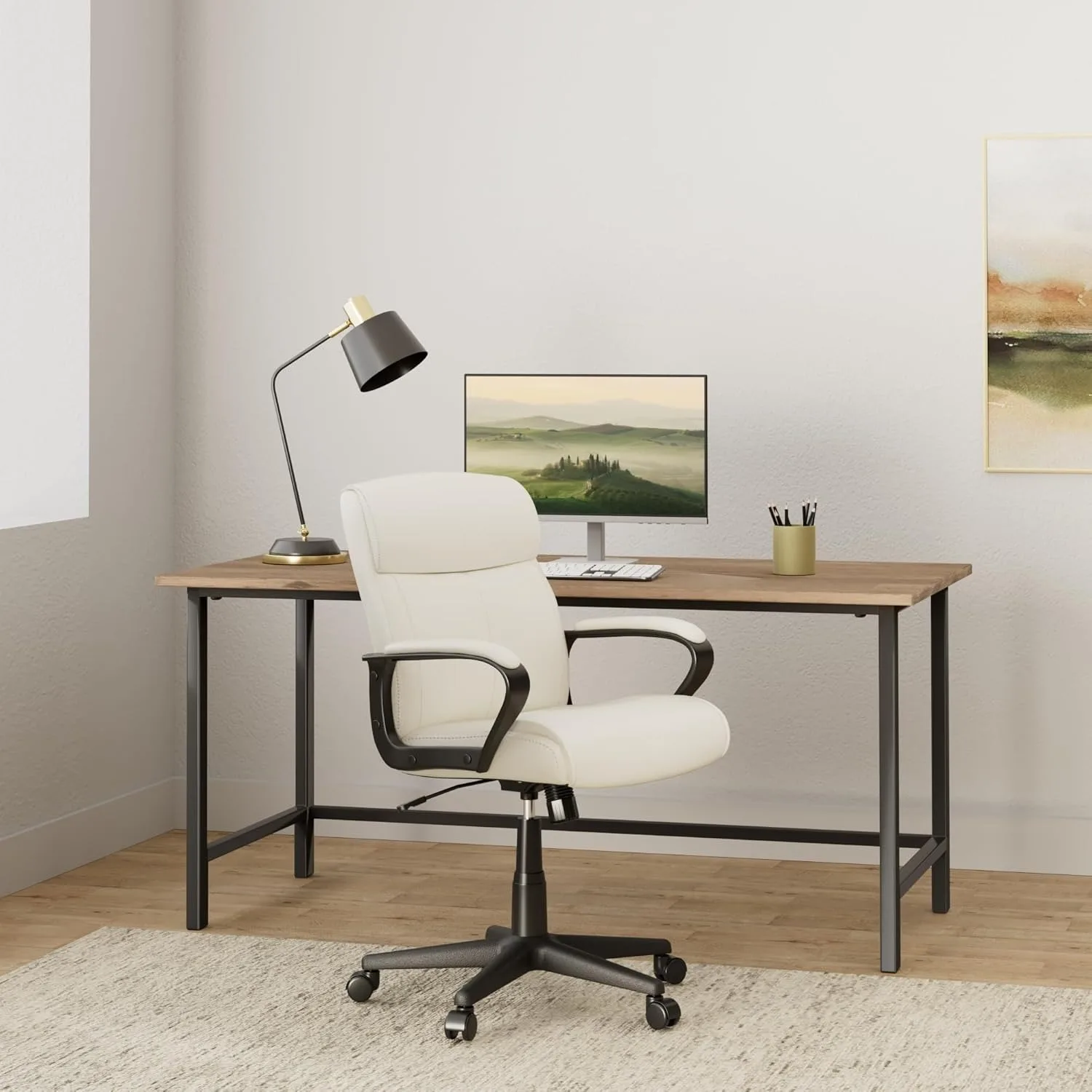 Home Office Mid-Back Computer Desk Chair with Armrests Height Adjustable, 360-Degree Swivel, Lumbar Support, PU Leather, Ivory