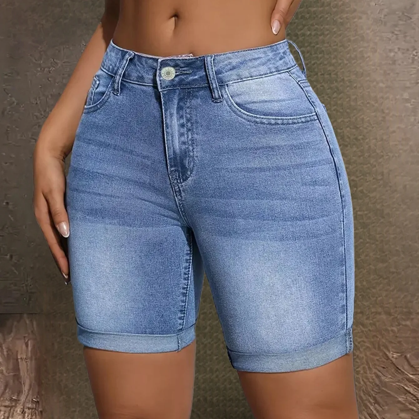 Women's Mid Rise Stretchy Denim Bermuda Shorts Rolled Cuff Slim Fit Butt Lifting Casual Summer Hot Pants for Streetwear & Daily