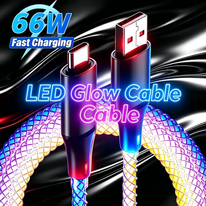 66W 6A RGB Glowing Mobile Phones Fast Charging Date Cable PD Line For iPhone 16 15 Xiaomi Samsung POCO Redmi USB-C Charging Cord