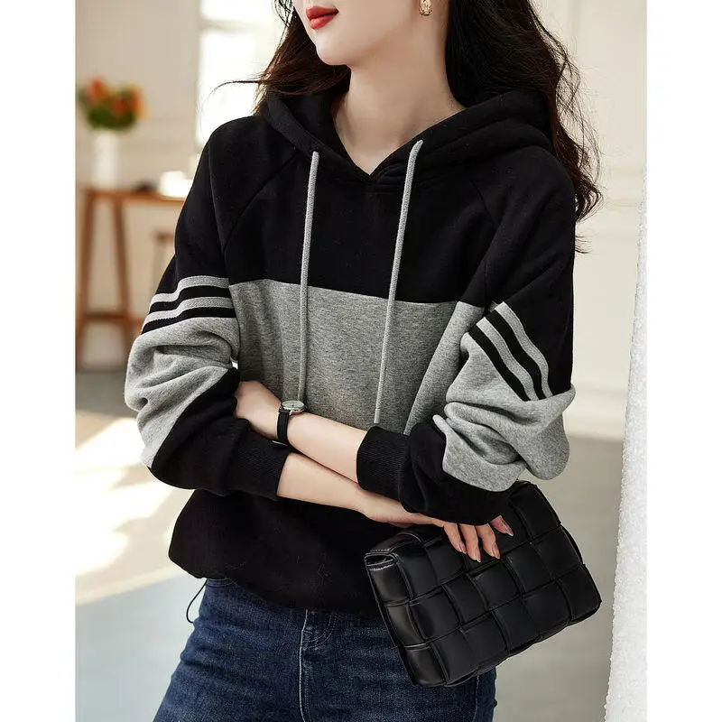 

Худи с капюшоном, хлопковая, женская, повседневная, черно-серая, в полоску, в стиле пэчворк, корейская версия, универсальная, для студентов, модная, свободная, пуловер