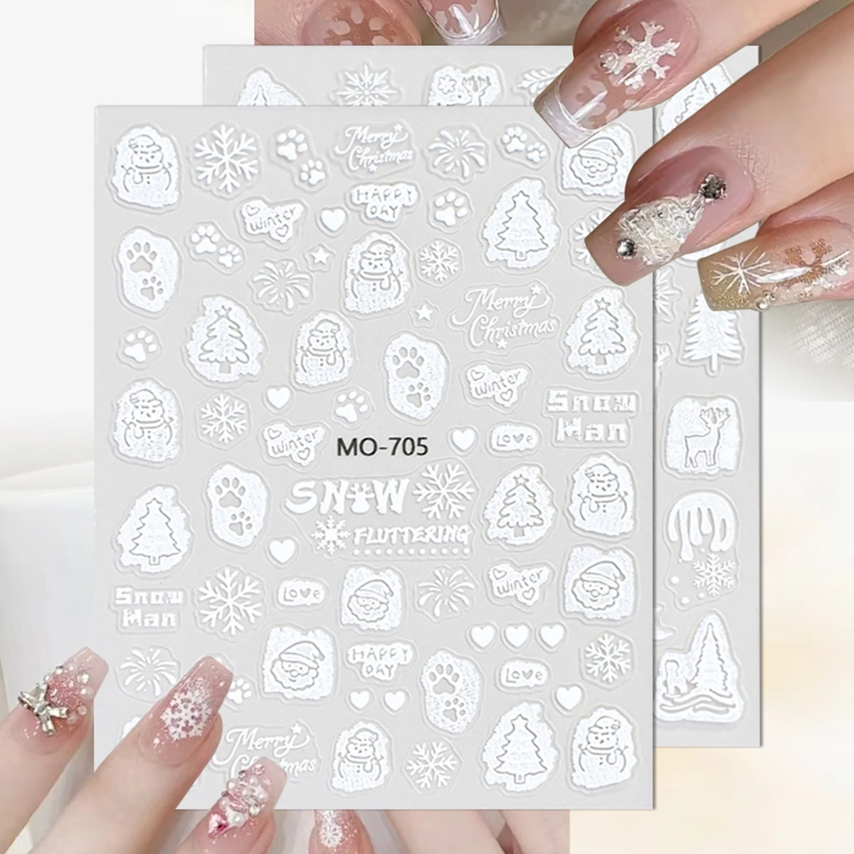 2/4 Blatt Weihnachten Schneeflocke Nail Art Aufkleber 5D geprägt weiß Weihnachten Schneemann Baum Winter selbstklebende Nagelaufkleber