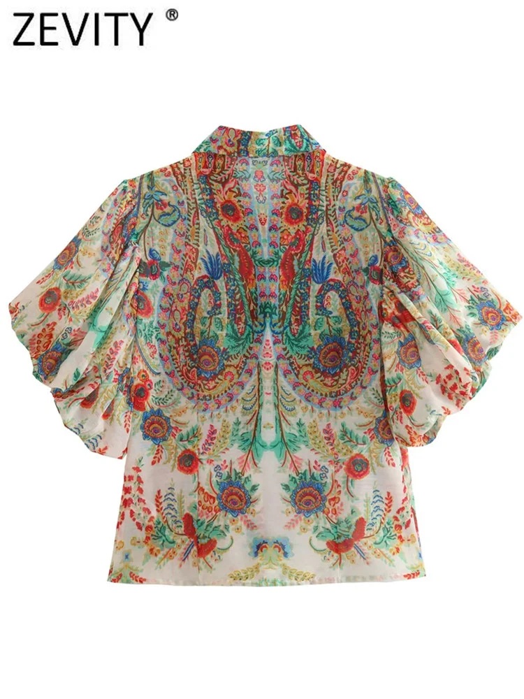 Zevity Women Vintage Totem Flower Print Pleated Puff Sleeve Blouse Office Lady Breasted Shirt Chic Chemise Blusas Tops LS5451