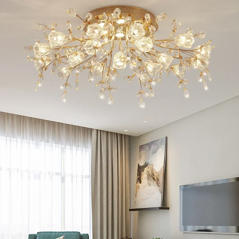 Nordic Crystal Chandelier Glass Lamp Shade Flower Cover Ceiling Lamp for Living Room Bedroom Branch Painting Lighting Luminaria