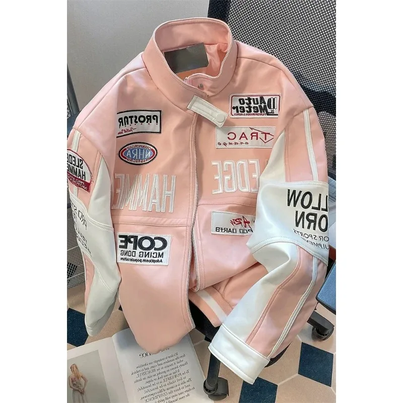 

Trend Hip Hop Motorcycle Jacket Women's UP Leather American Pink Jacket Y2K Stitching High Quality Embroidered Windproof Jackets