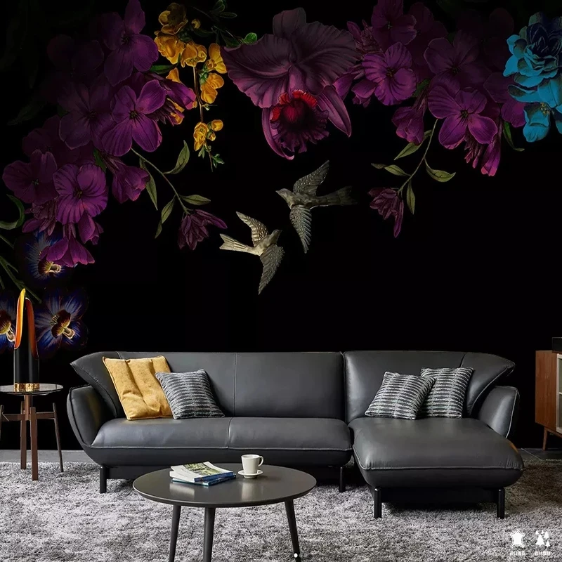 Custom Photo Wallpaper 3D Hand Painted Peony Flowers Black Bedroom Poster Mural Living room TV background wall restaurant bird