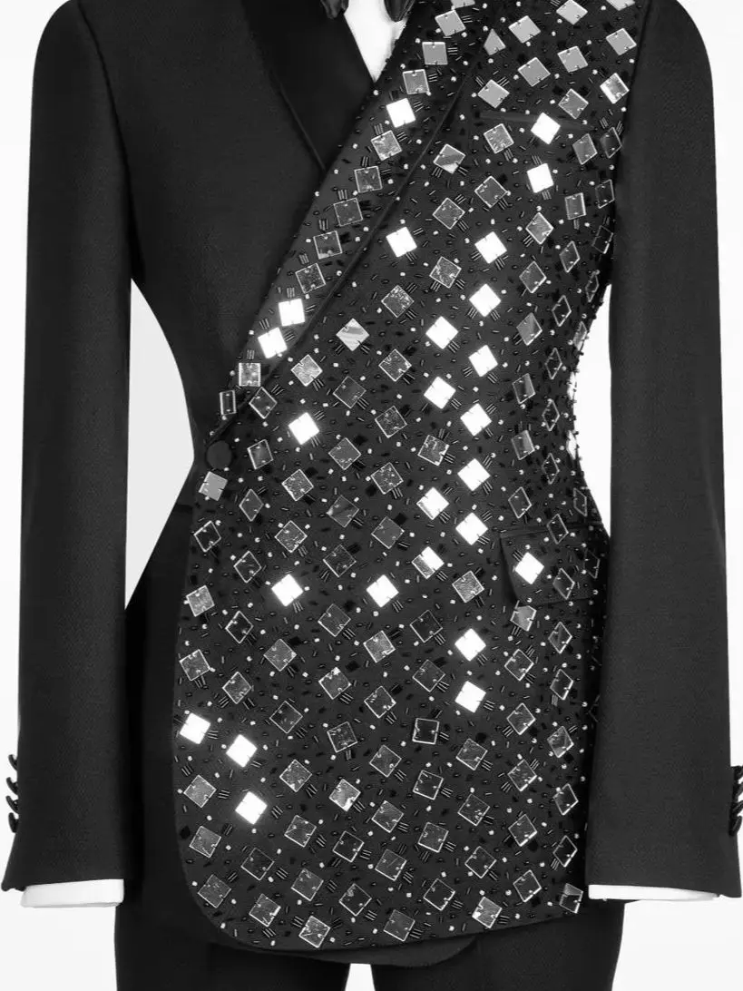 Sparkly Men Jacket Pants Sequins Beads One Button Shawl Lapel Tuxedos Celebrity Night Set 2 Piece Customized Formal Prom Wear