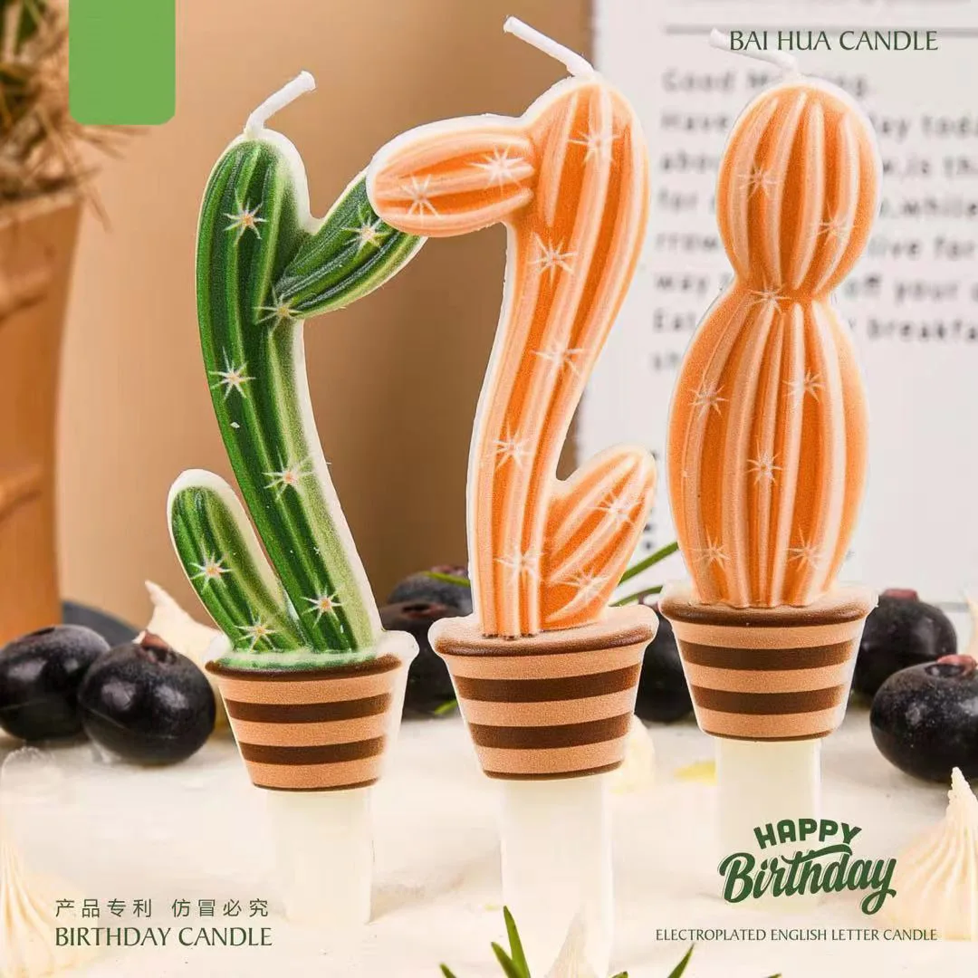 

Happy Birthday Cake Topper Decoration Smokeless Candle Imitation Plant Succulent Candle Creative Cactus Dessert Baking Supplies