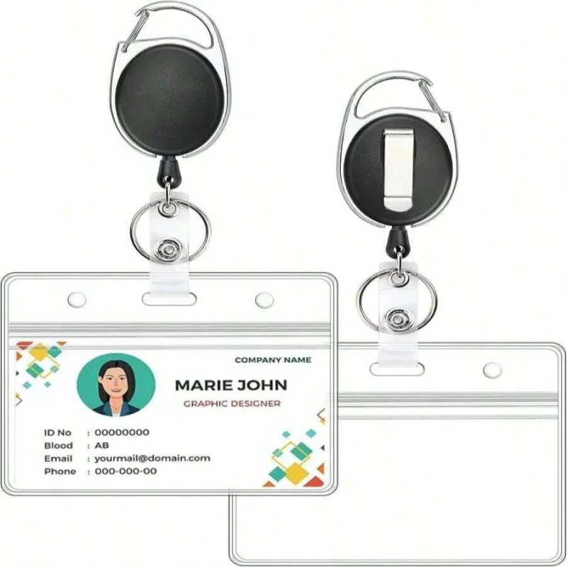 2 حزمة حامل شارة الهوية مع بكرة شارة قابلة للسحب حامل بطاقة الهوية الأفقية واضحة مع بكرة شارة حلقة تسلق شديدة التحمل