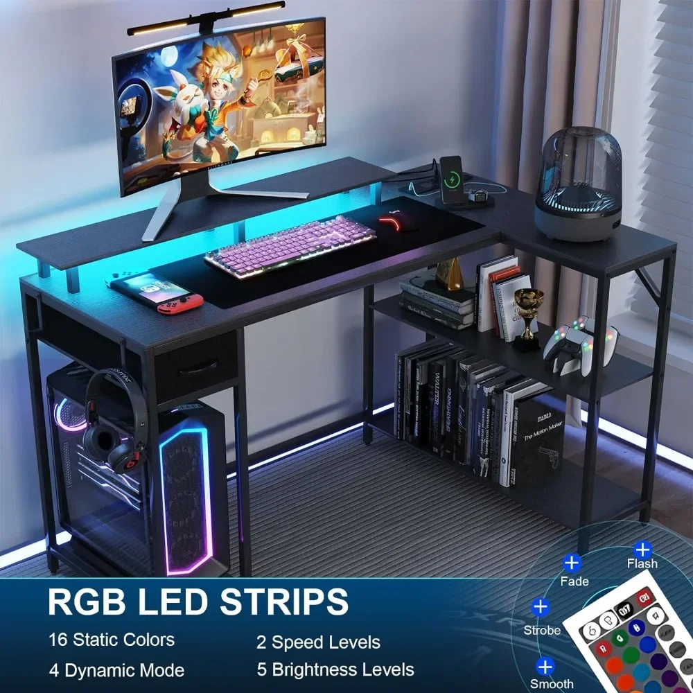 L Shaped Gaming Desk com Power Outlet, Luz LED, Mesa de jogos com gancho e suporte do monitor, Mesa do computador com gaveta