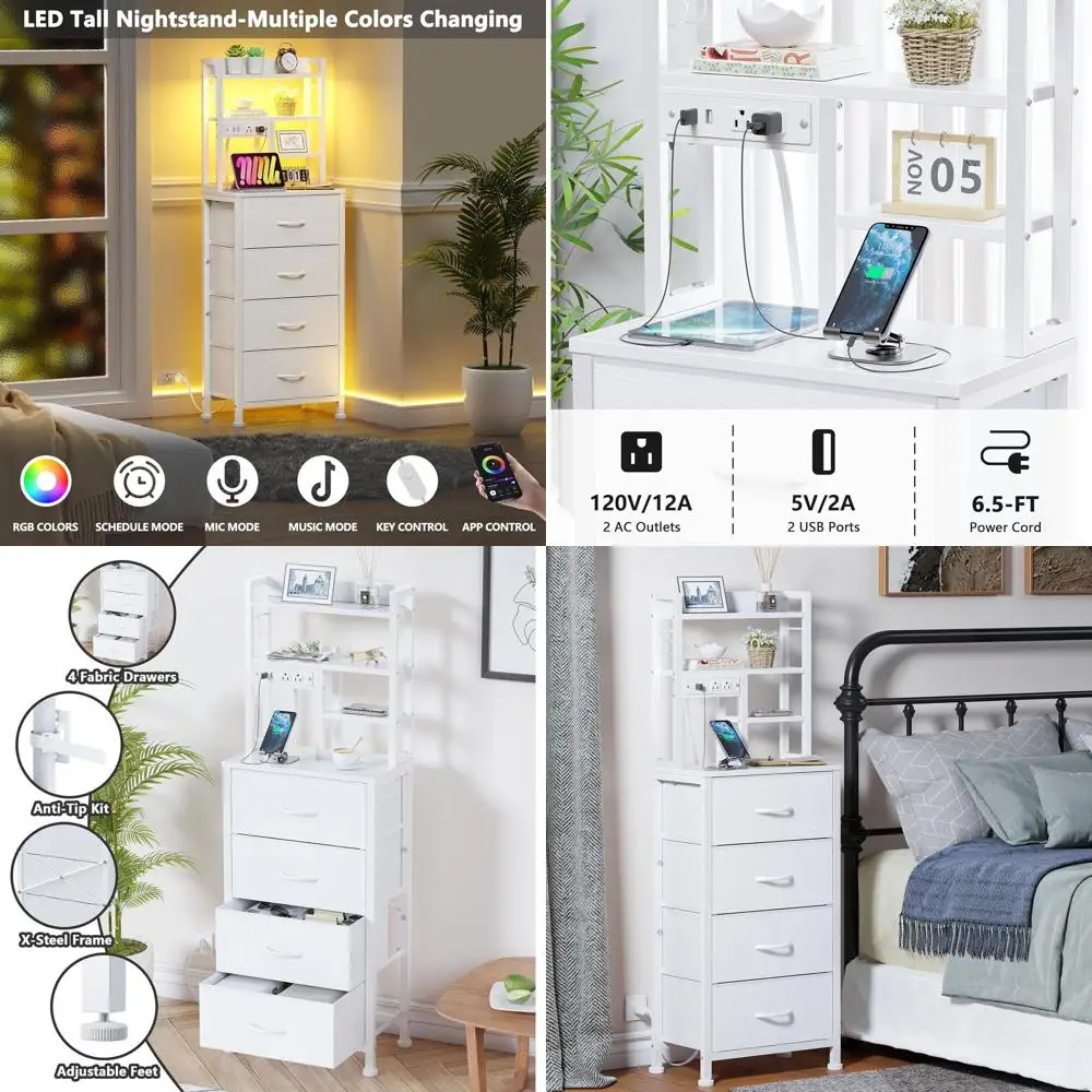 

52,1 Белая светодиодная тумбочка с зарядкой и USB-портами, 4 ящиками и 4-уровневым хранилищем для спален и общежитий