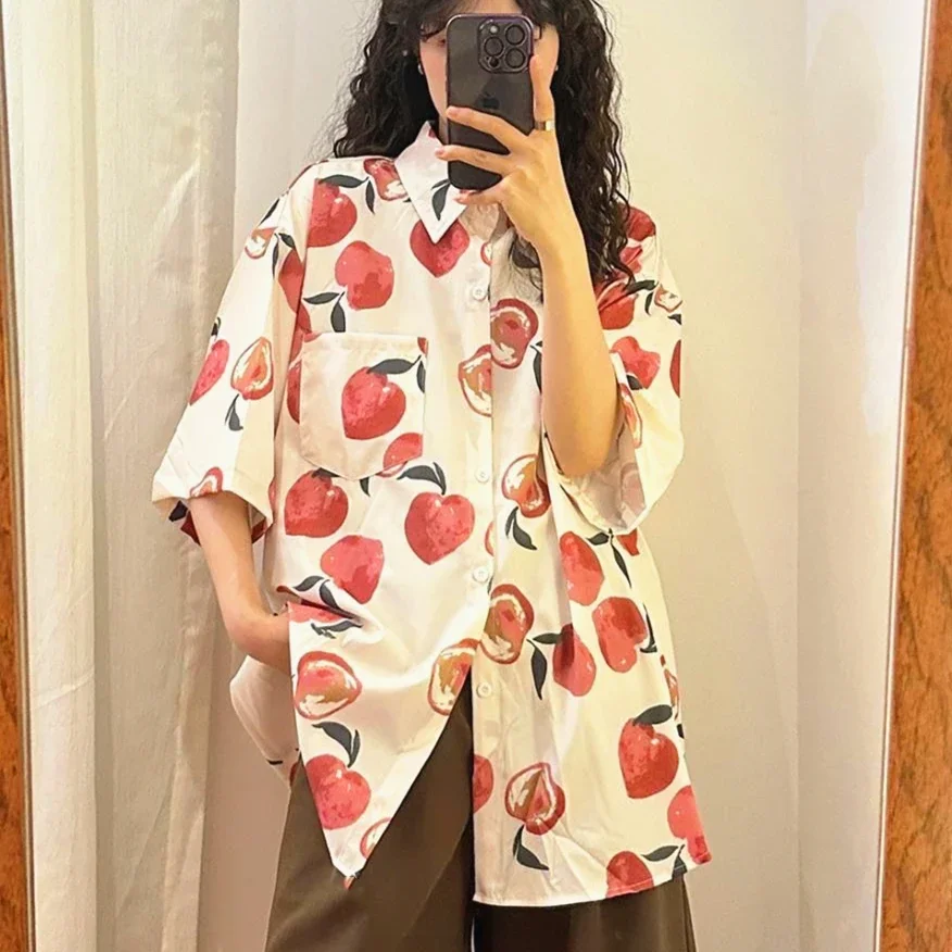 Retro Cute Fruit Peach Full Print Short Sleeve Shirts Harajuku Students Loose Oversized Summer Blouse Button Up Camisa Goth Coat