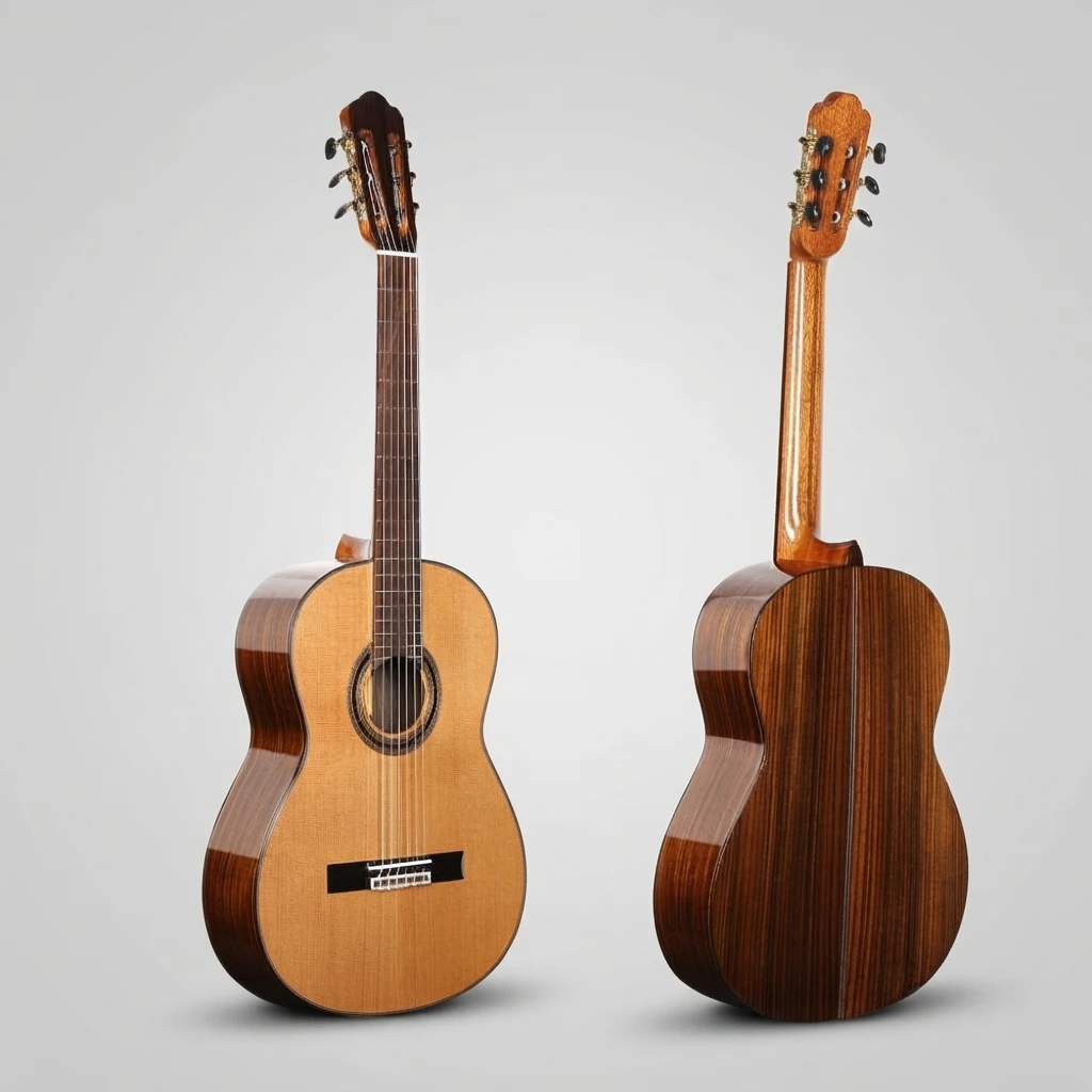 Handcrafted Classical Guitar with Nylon Strings, Natural Top Dark Brown Back, Slotted Headstock, Black Tuners for Beginners