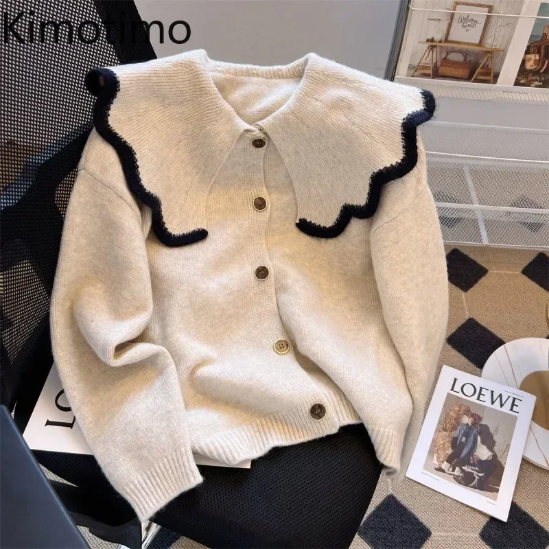 Kimotimo Lazy Style Knitted Cardigan Women Autumn Winter Colorblock Peter Pan Collar Loose Sweaters French Vintage Casual Tops