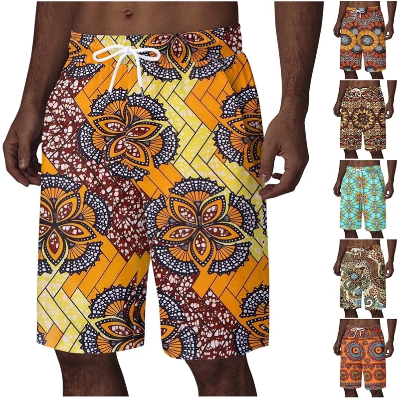 Mens Beach Shorts Full Print African Dashiki Traditional Pattern Hawaii Holiday Shorts Pants Summer Floral Board Shorts For Men