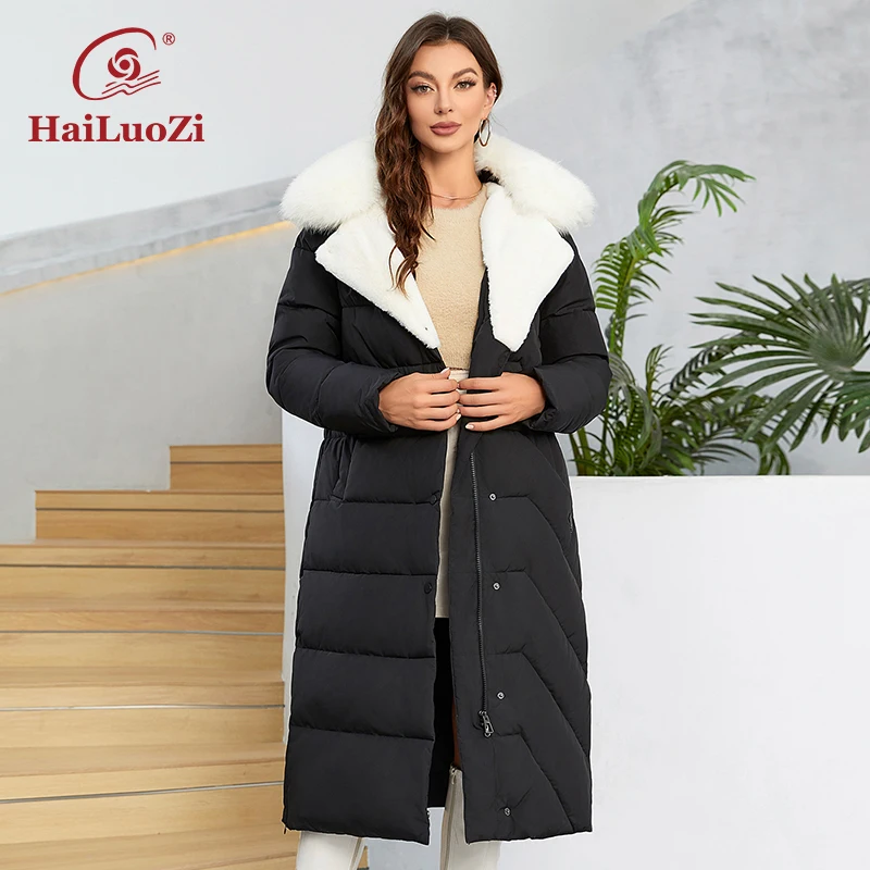 HaiLuoZi 2023 Women\'s Winter Coat Long Thick Parkas Wtih Fox Fur Warm Fashion Belt Design Side Zippers Women Jackets 1109