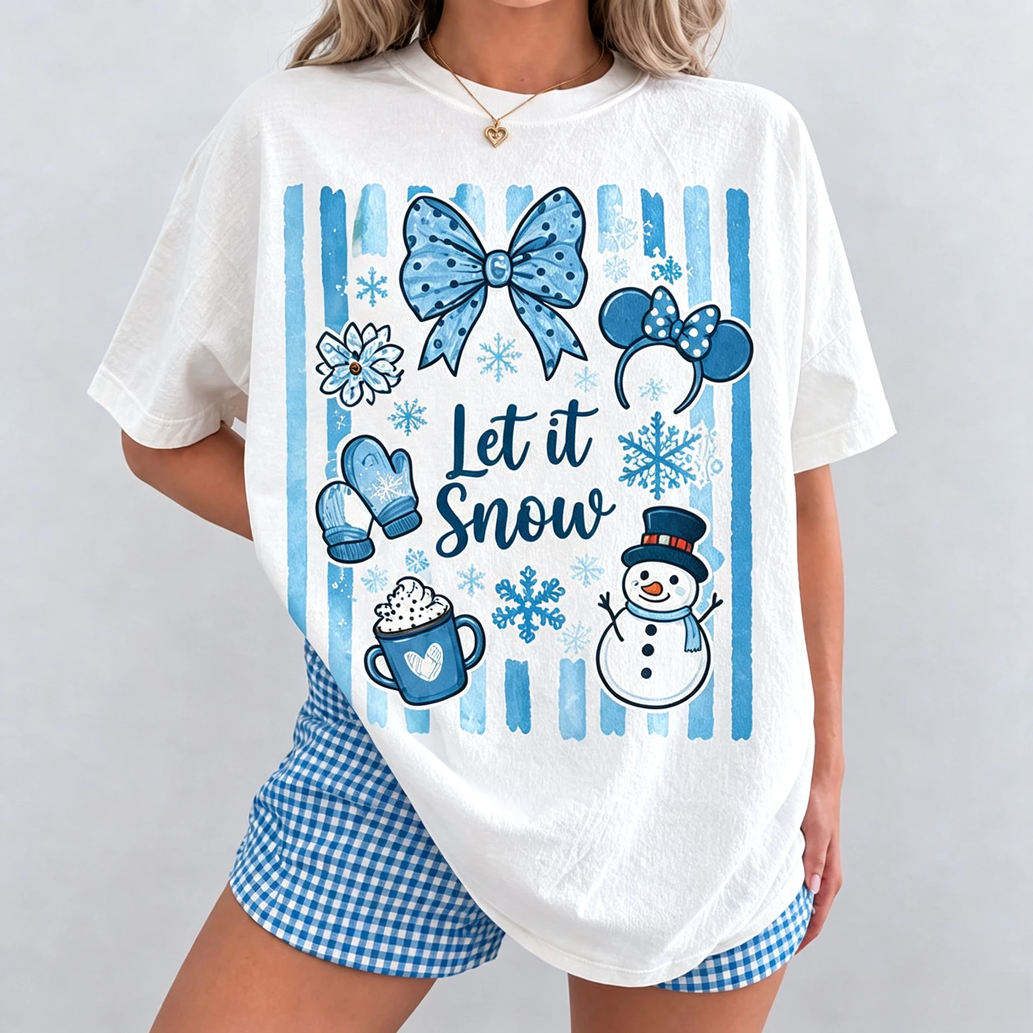Charming Winter Snowflake Printed T Shirt Let It Snow Quote Snowman Design Crew Neck Short Sleeve Xmas Holiday Daily Wear Tops