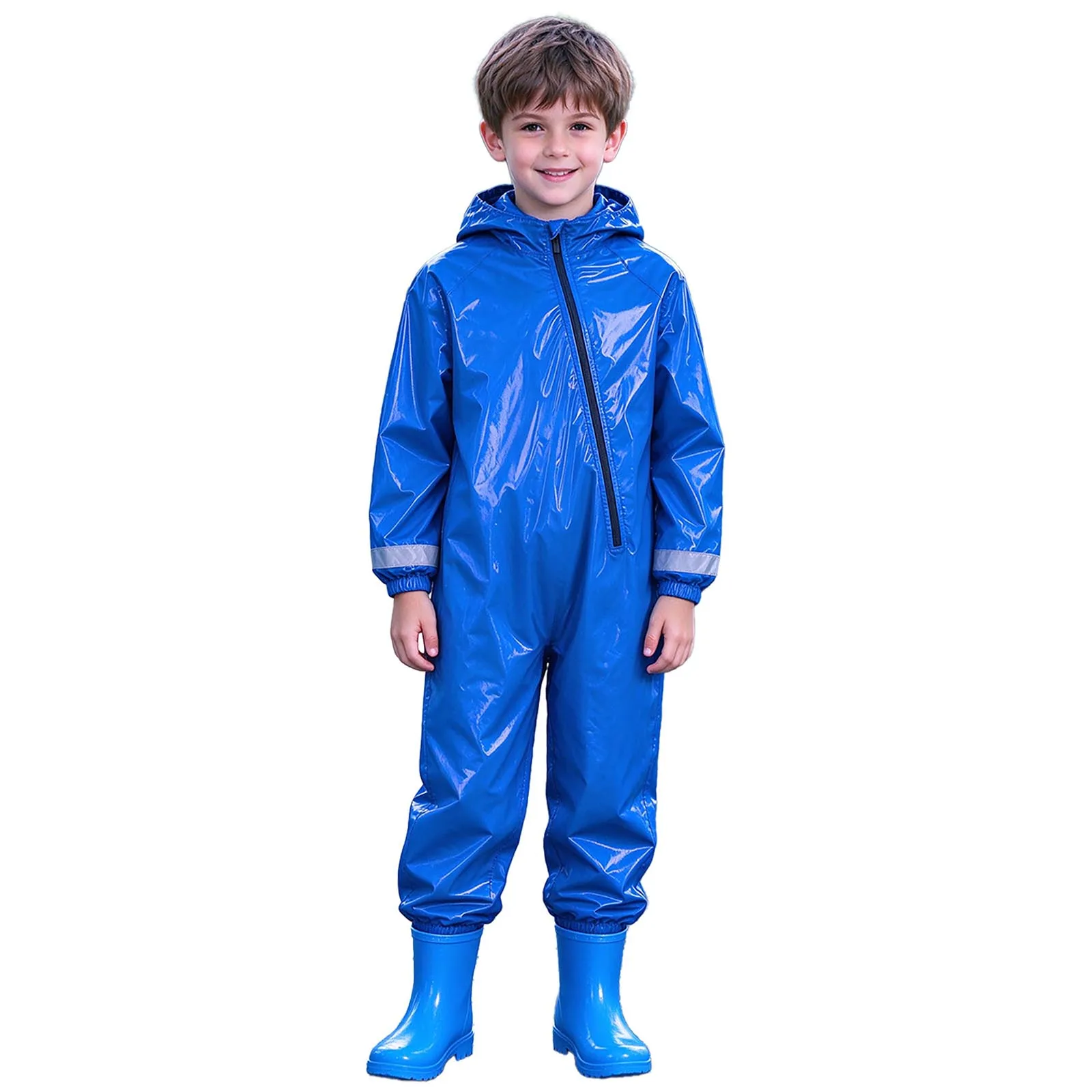 Kids Boys Girls Water Resistant One-piece Coverall Rainsuit Zipper Raincoat Long Sleeve Hooded Full Jumpsuit with Storage Bag