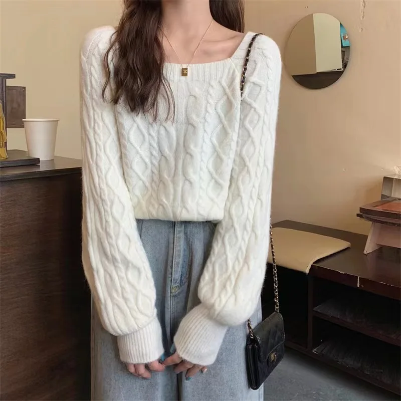 

Sweater Women's Autumn and Winter Outer Wear 2023 New Stylish Loose and Lazy Style Square Neck Knitted Base Sweater Design Sense