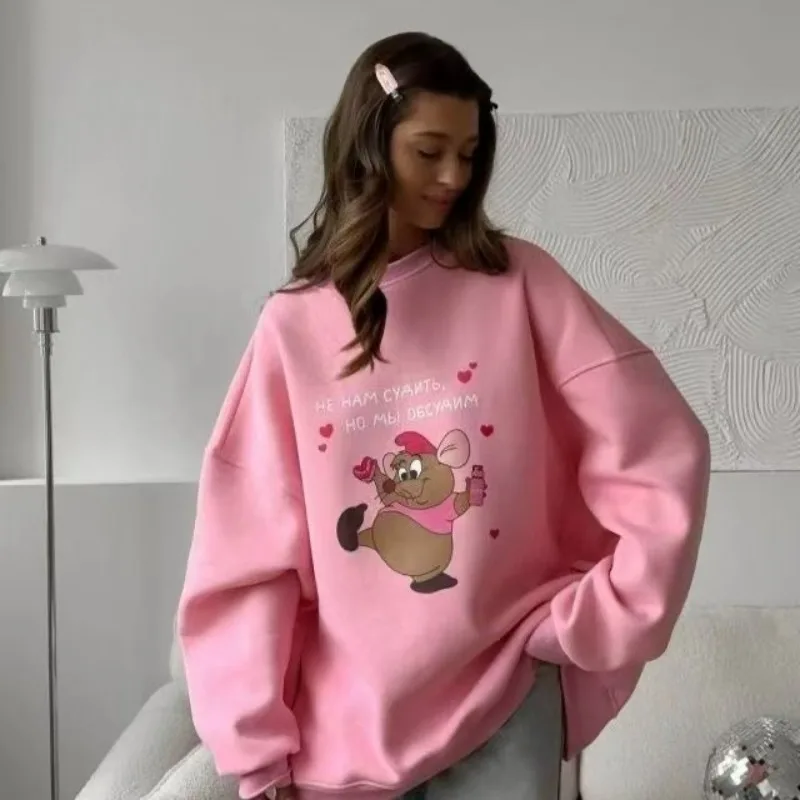 

Зимняя женская одежда 2025 года, модная темпераментная толстовка с капюшоном, женская пушистая флисовая подкладка, свободная посадка, милый повседневный принт с нитью