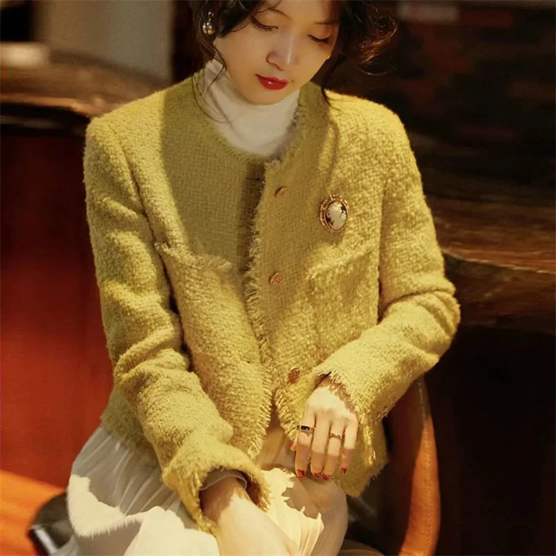 

Korean Feminine Fashion Solid Color Coat Spring Autumn Ladies Casual Round Neck Tops Jacket Women High End Long Sleeved Outwear