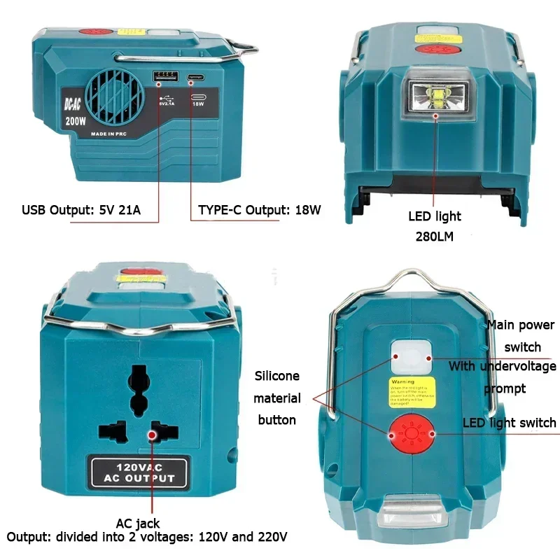 Portable Power Inverter 120-220V Outdoor Mobile Lithium Battery Inverter For Makita/DeWalt/Milwaukee/Bosch/Ryobi 18V 20V Battery