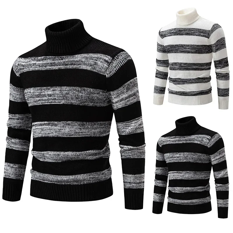 

2023 Winter New Men's High Neck Stripe Slim Fit Pullover Knitwear Korean Youth Fashion Casual Sweater