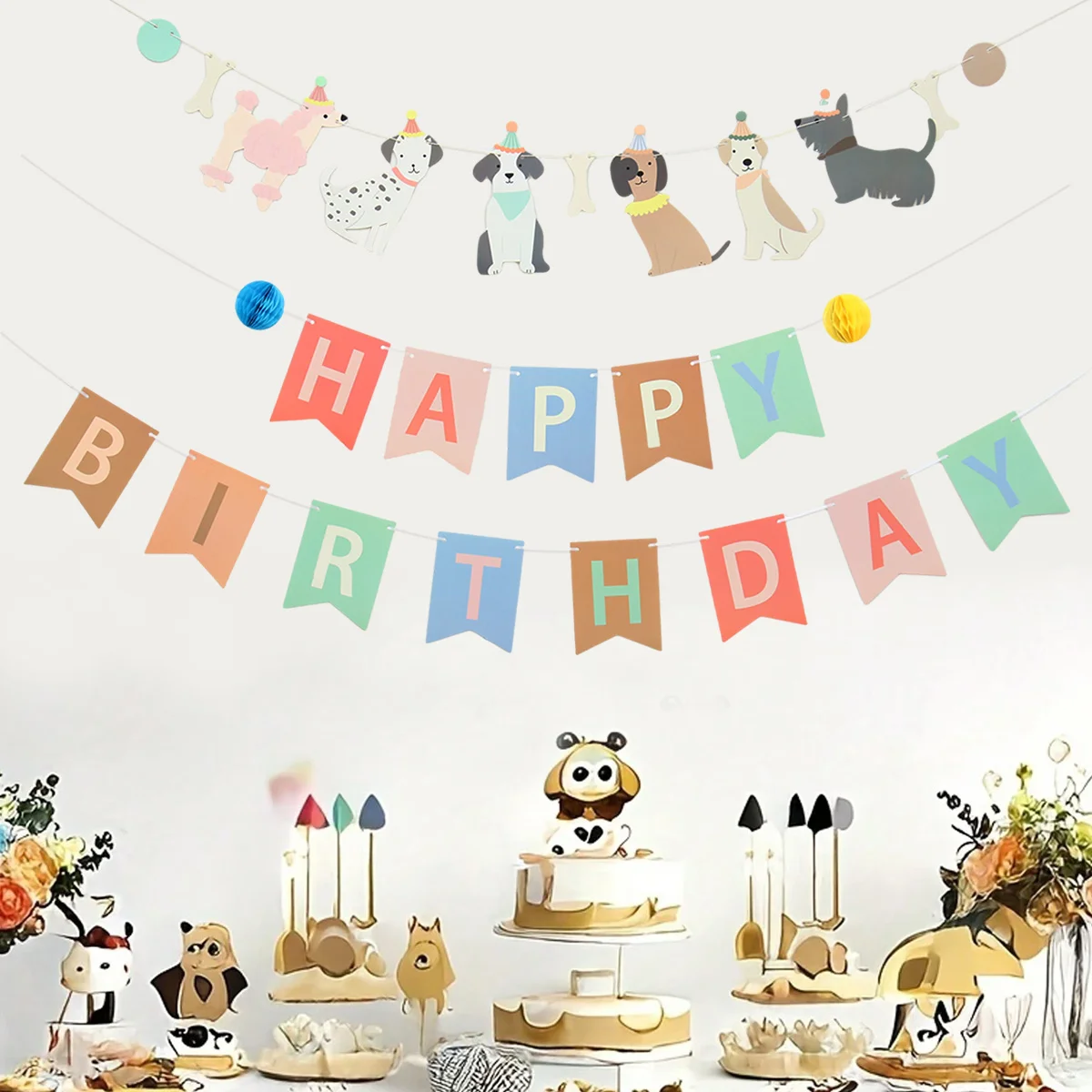 1pc Puppy Dog Themed Bone Happy Birthday Banner Backdrop Colorful Holiday Decoration Pet Baby Dog Happy Birthday Party Supplies