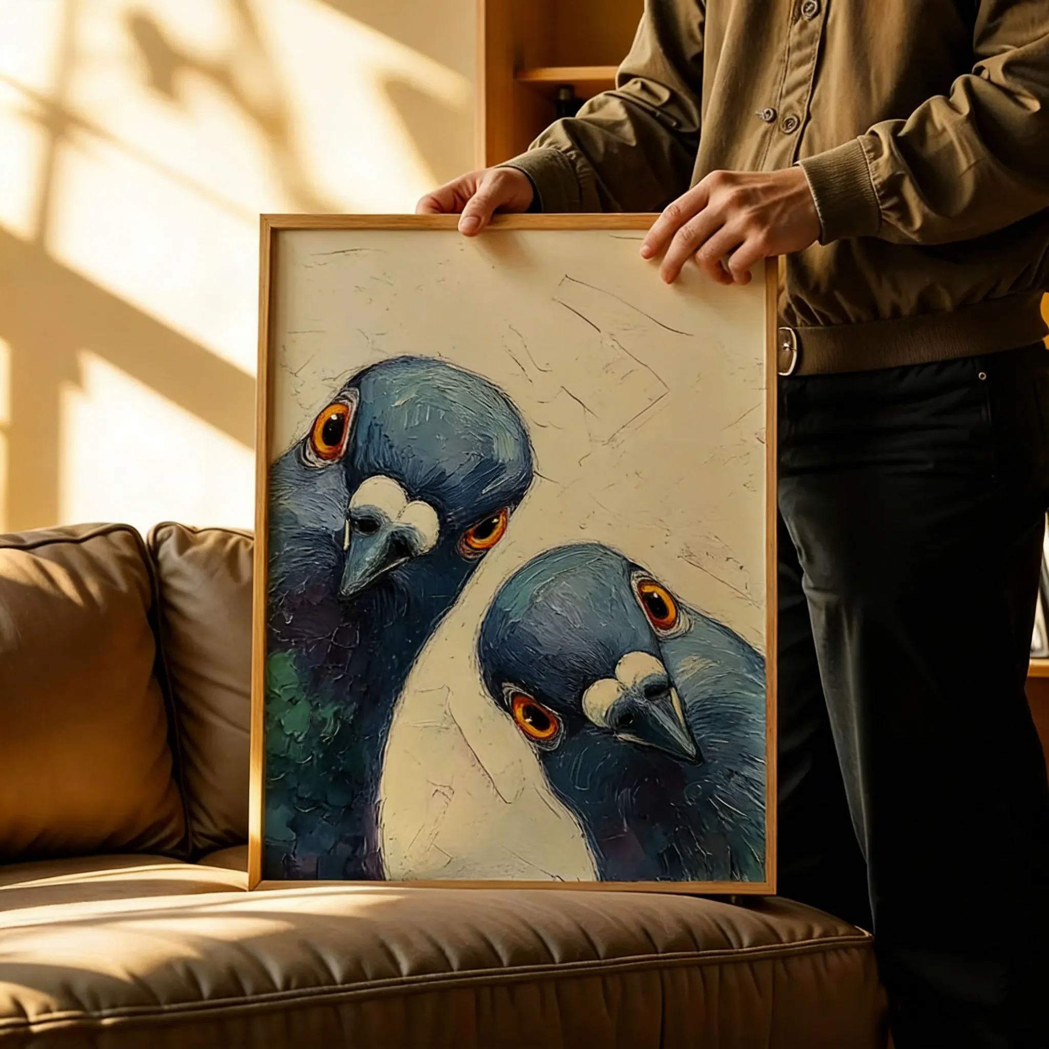 Whimsical Pigeons Art Print, Mid Century Retro Bird Poster, Funny Animal Wall Art, Quirky Home Decor for Kitchen or Living Room
