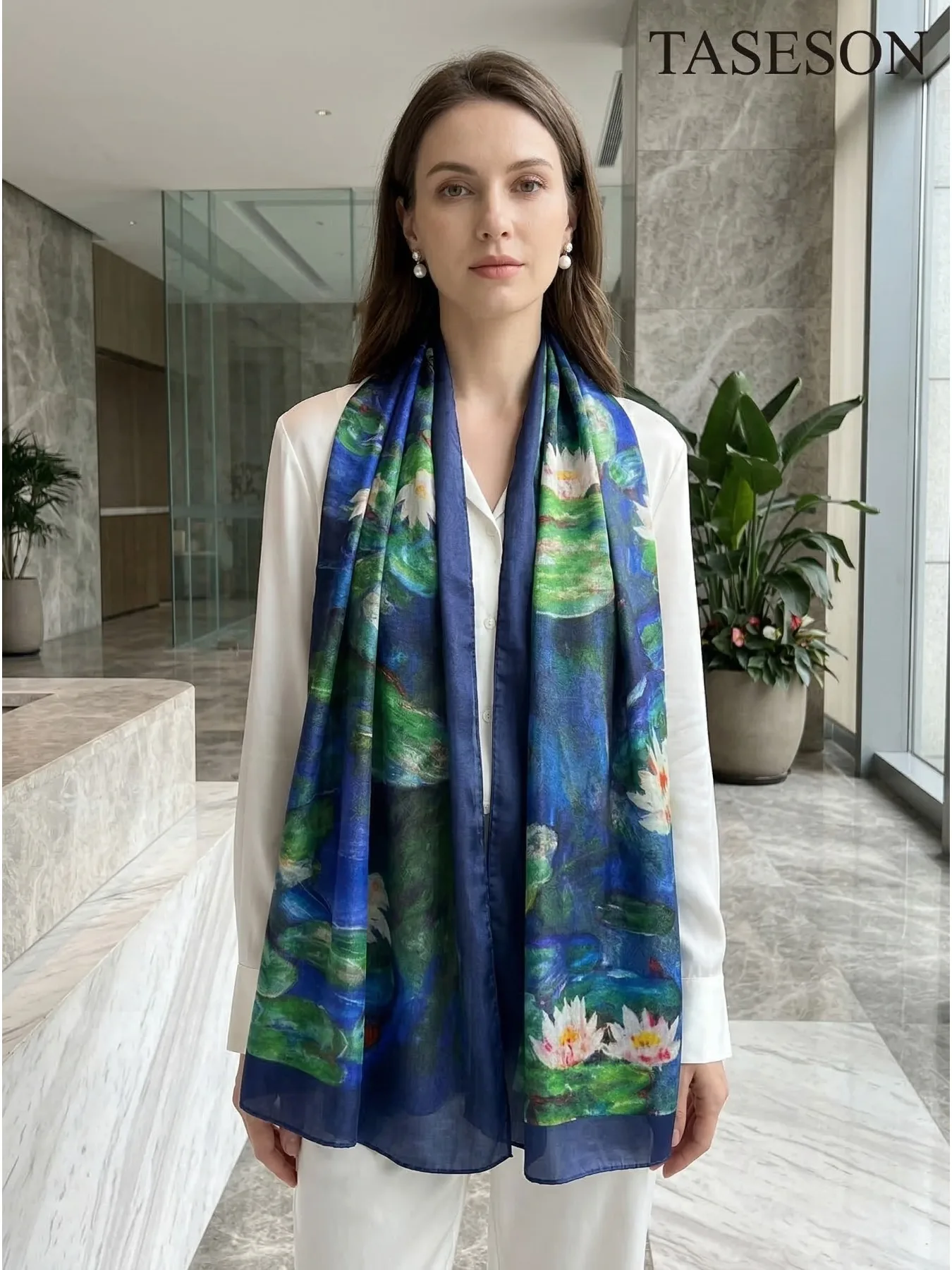 

Lightweight Large 100% Mulberry Silk Scarf for Women Oblong Shawl Neck Scarf Beach Wrap Headscarf Gift Pack Blue Lotus Print