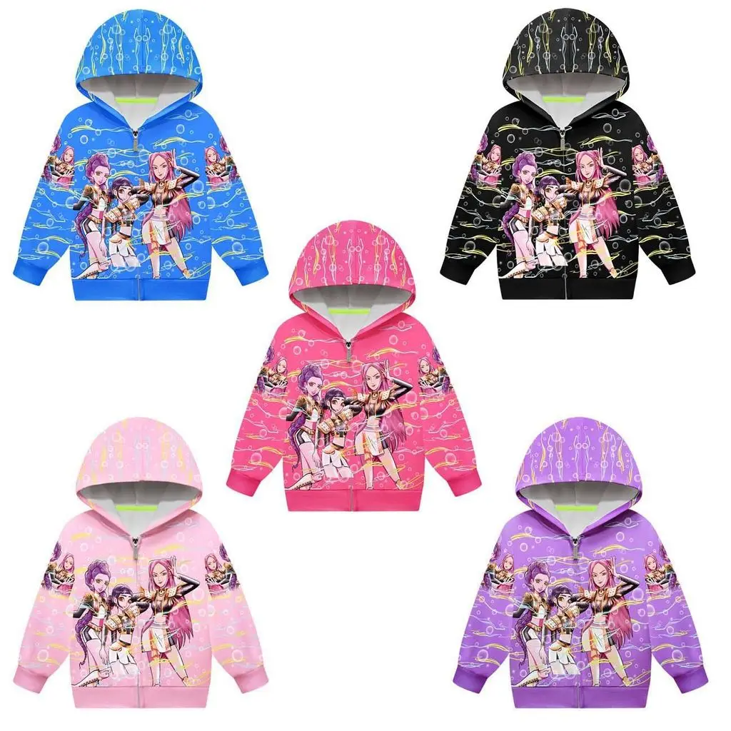 

Kids Girls Cartoon Super Star POP Singers Printed Casual Hooded Zipper Long Sleeves Jacket Coat
