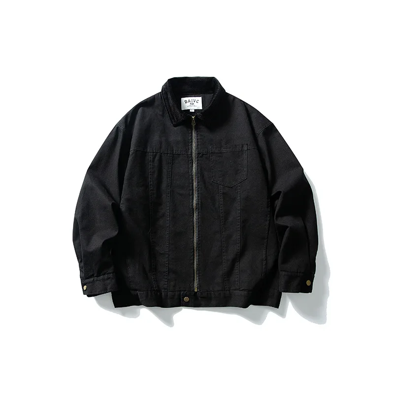 Amekji Men's Vintage Pure Cotton Jacket Collared Leopard Print Detroit Denim Jacket Spring and Autumn Leather Bomber Jacket