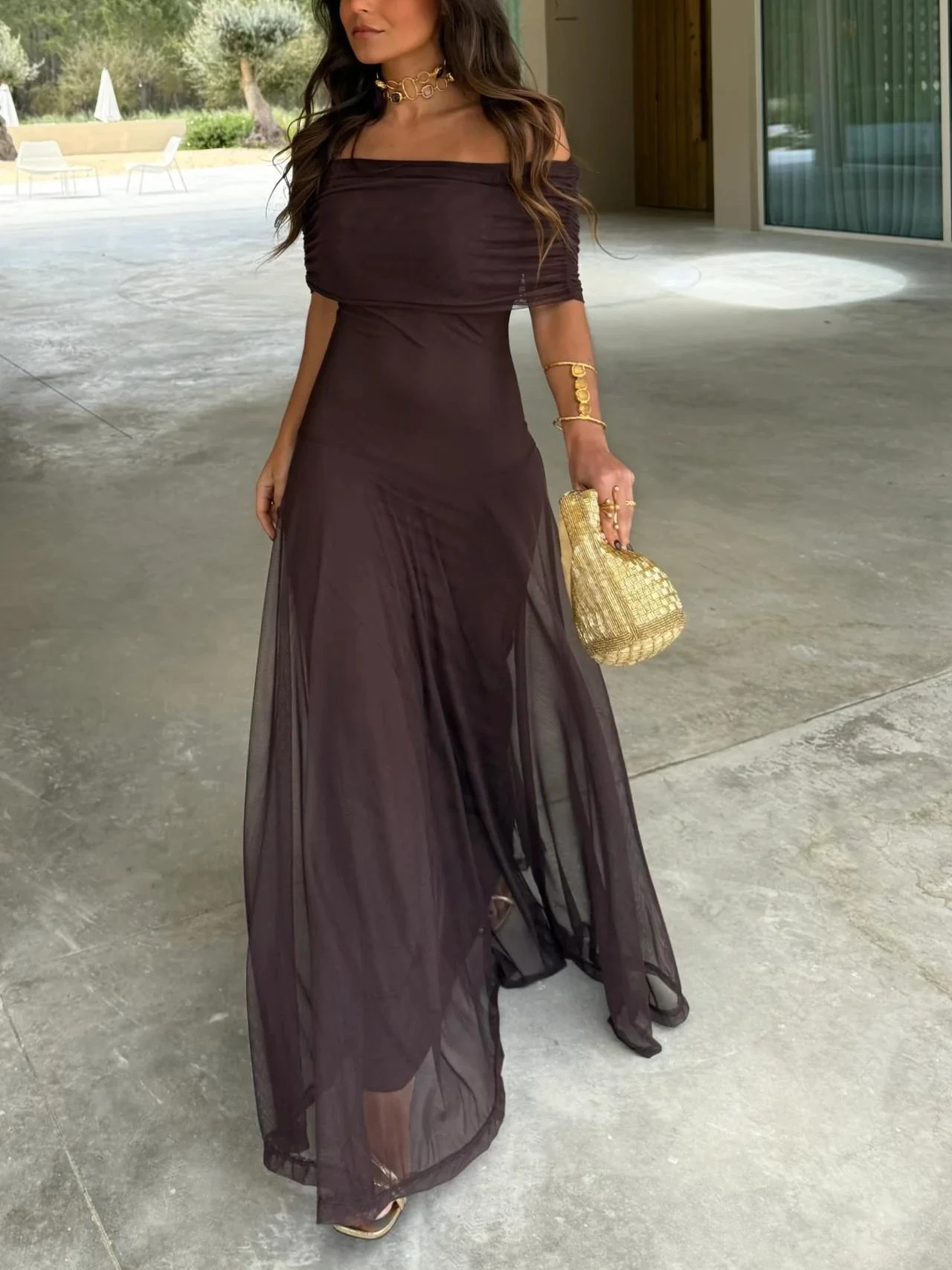 Women Mesh Maxi Dress Off Shoulder Fold Over Tube Top Ruched Waist Flowy A Line Floor Length Resort Wedding Guest  Evening Gown