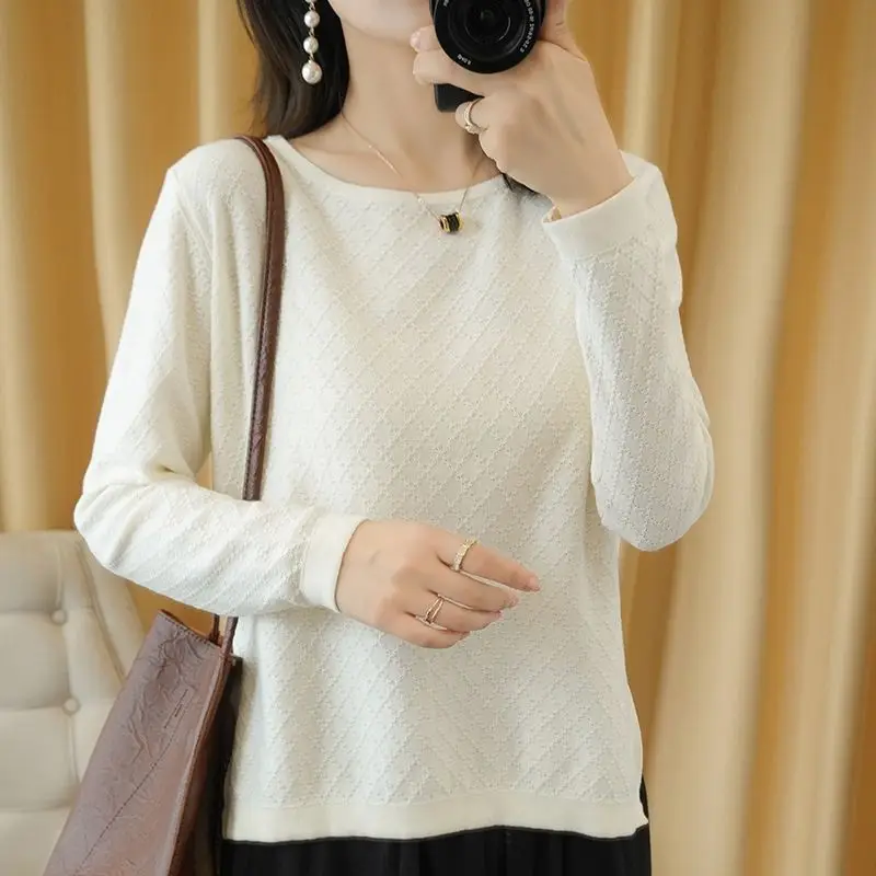 Women\'s Clothing Round Neck Solid Color Pullover Long Sleeve Screw Thread Sweater Knitted Casual Elegant Spring Autumn Tops