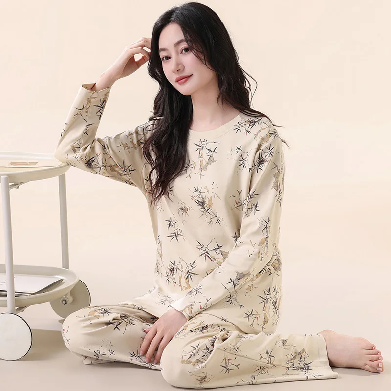 Women Pure Cotton Pijamas Geometric Print Pajama Sets Sleepwear Long Sleeve Tops+Long Pants Pajamas Home Clothing Pyjamas Female