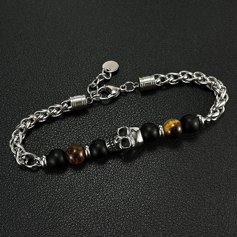 New Fashion Stainless Steel Chain Bracelet for Men Natural Tiger Eye Stone Beads Bracelet Trendy Hip Hop Hand Jewelry For Gifts