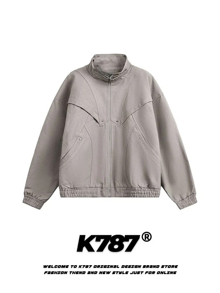 

K787 American Retro Canvas Waed Stand Collar Jaet Men's ort Pure Color Couple's Outerwear Youth Faion Cotton Polyeste...